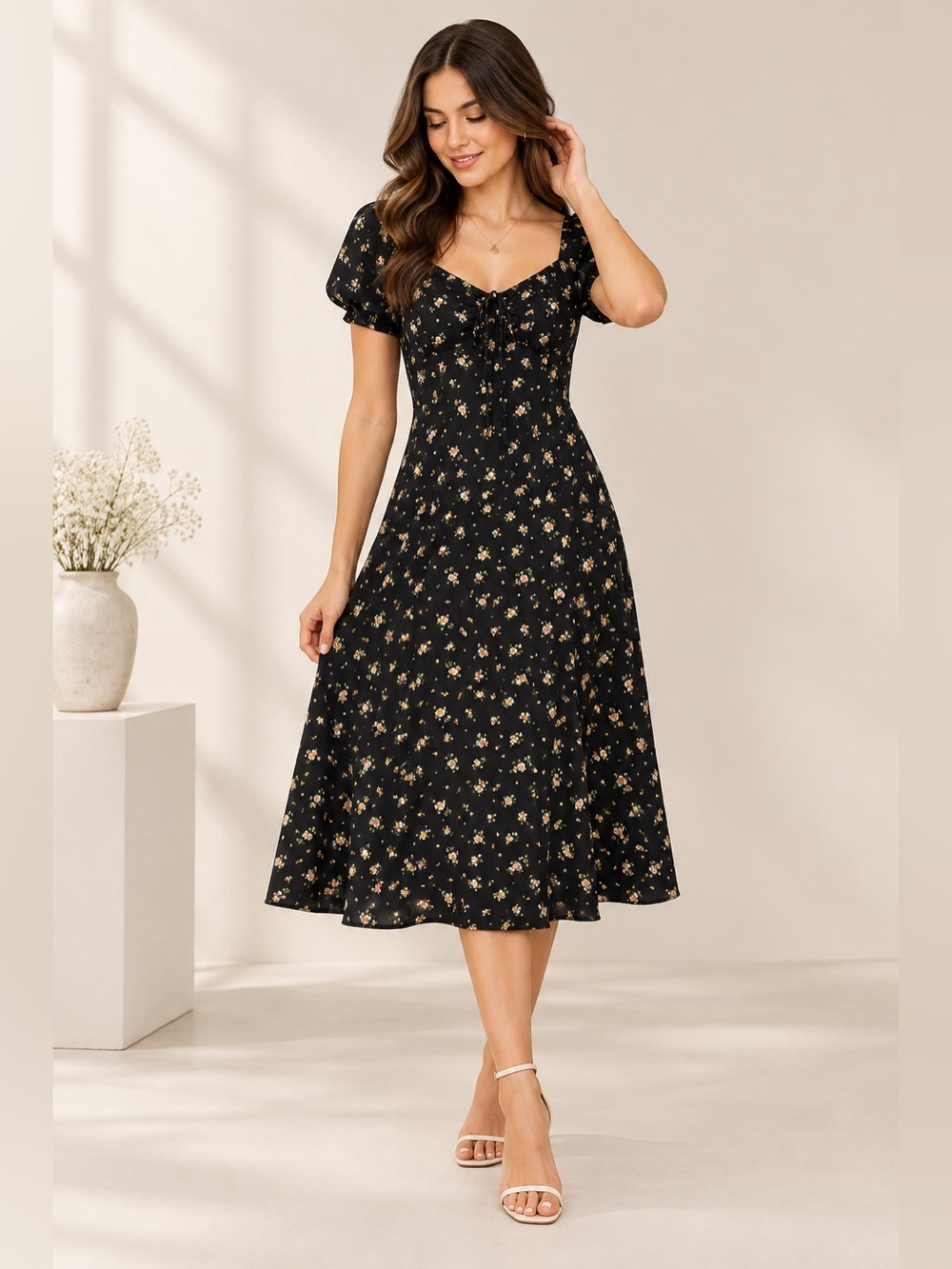 Black Floral Puff Sleeve Midi Dress Women’s 2XL